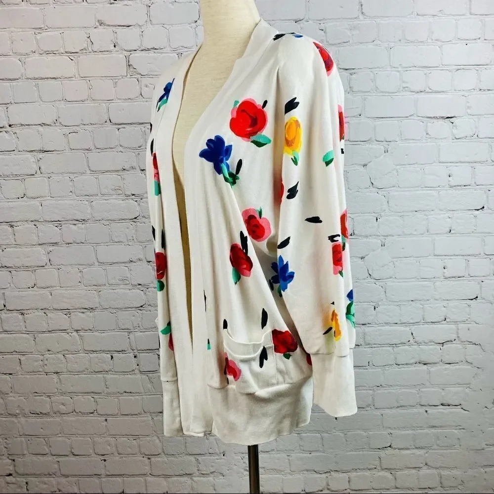 VTG 80s Peter Popovich Floral Print Varsity Cotton Blend Cardigan Sweater